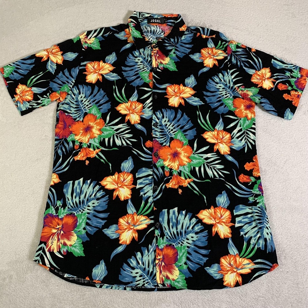 Jogal Shirt Mens L Black Floral Hawaiian Tropical Short Sleeve Cotton Viscose